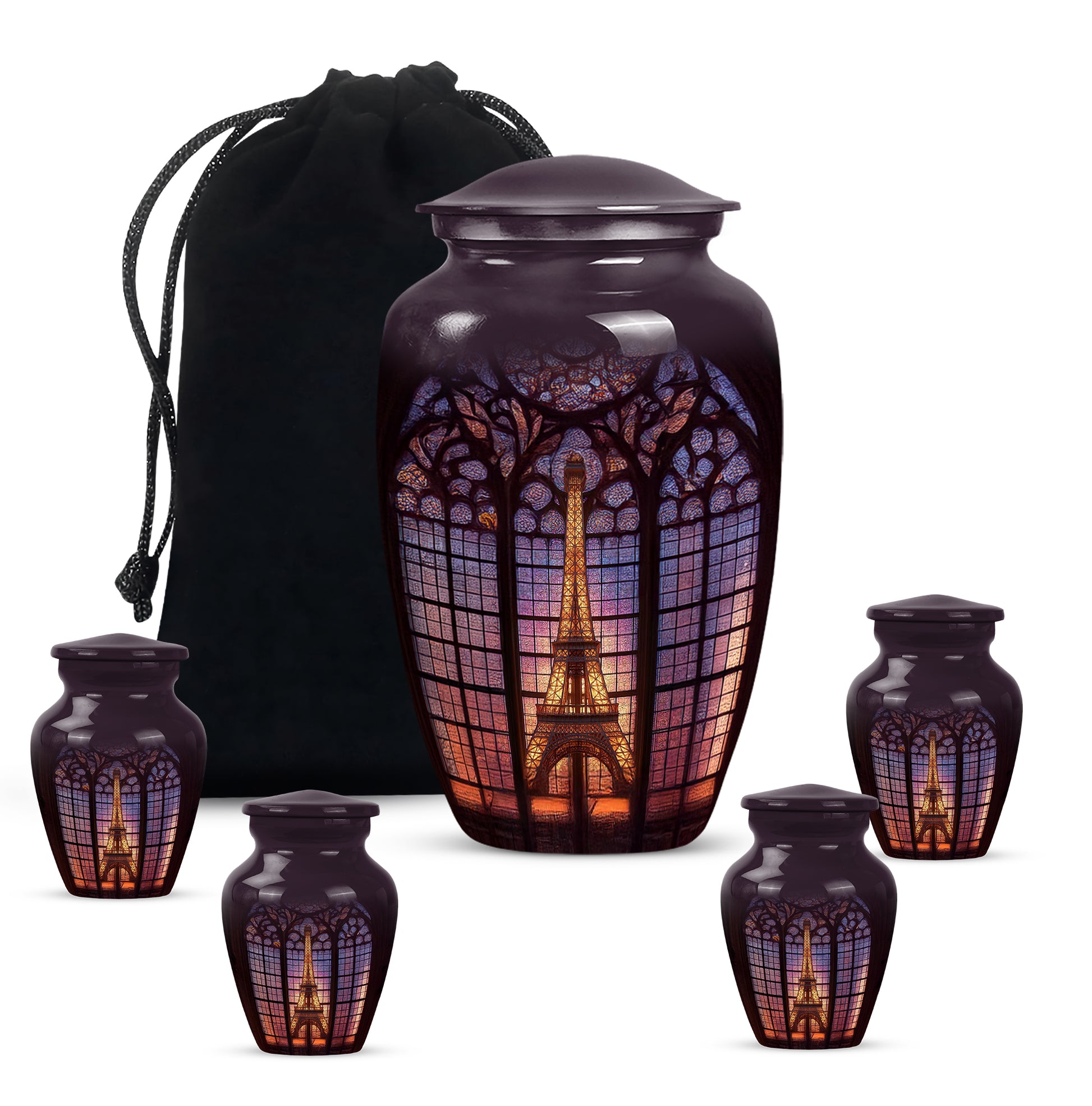 Ebony Eiffel Tower Cremation Urn top-down view of secure threaded lid - timeless eiffel tower motif etched into premium metal - memorial set with one large and four small urns