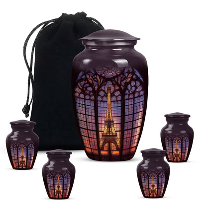 Ebony Eiffel Tower Cremation Urn top-down view of secure threaded lid - timeless eiffel tower motif etched into premium metal - memorial set with one large and four small urns
