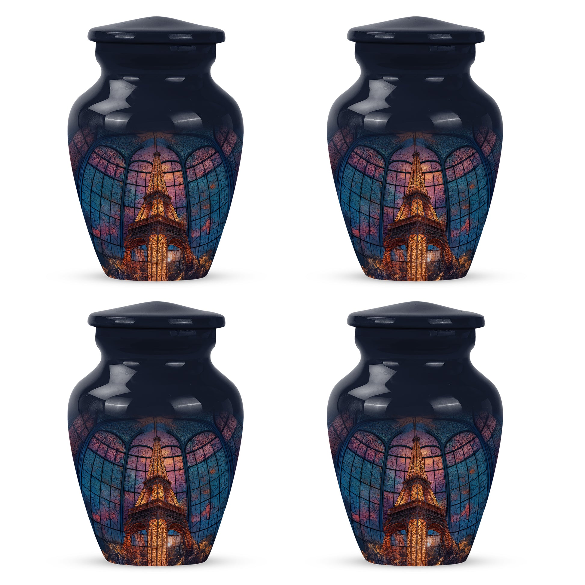Cornflower Blue Eiffel Tower Cremation Urn side profile showing urn shape - traditional eiffel tower engraving with hand-polished finish - 10 inch aluminum urn for cremated remains