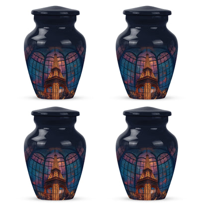 Cornflower Blue Eiffel Tower Cremation Urn side profile showing urn shape - traditional eiffel tower engraving with hand-polished finish - 10 inch aluminum urn for cremated remains