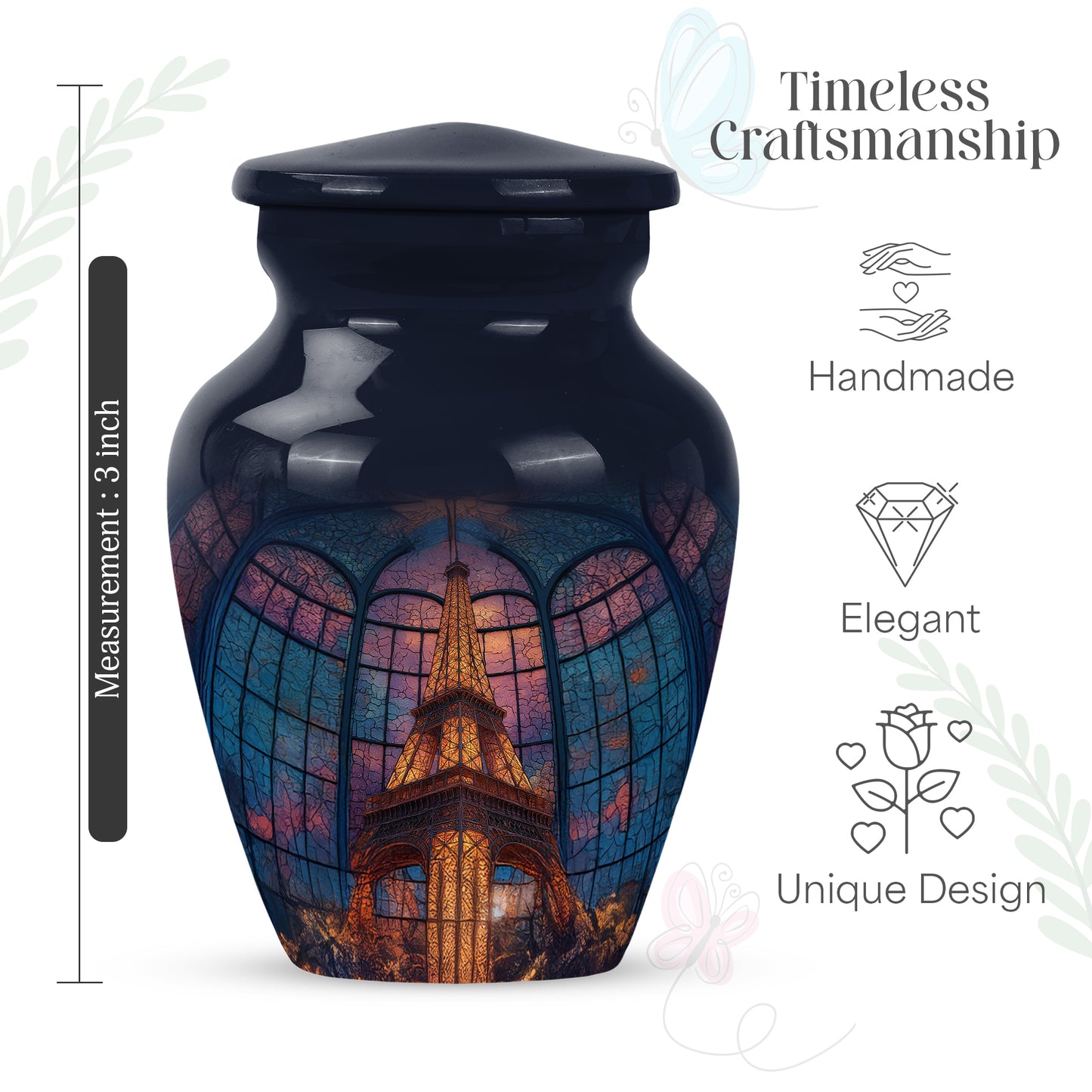 Royal Blue Eiffel Tower Cremation Urn close-up of engraving and surface detail - traditional eiffel tower engraving with hand-polished finish - mini keepsake memorial for portion of cremation ashes