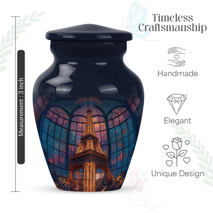 Royal Blue Eiffel Tower Cremation Urn close-up of engraving and surface detail - traditional eiffel tower engraving with hand-polished finish - mini keepsake memorial for portion of cremation ashes