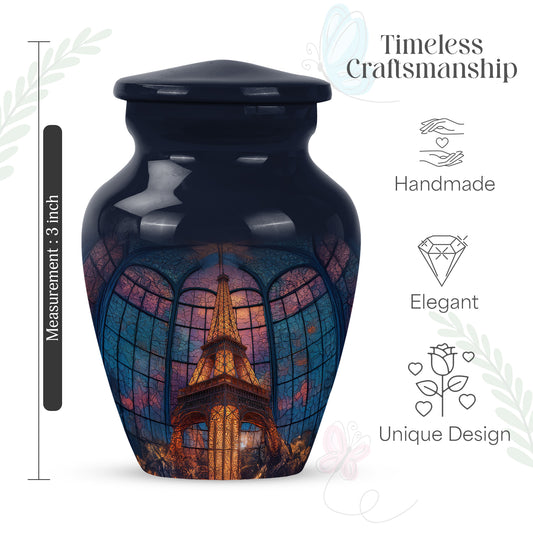 Royal Blue Eiffel Tower Cremation Urn close-up of engraving and surface detail - traditional eiffel tower engraving with hand-polished finish - mini keepsake memorial for portion of cremation ashes