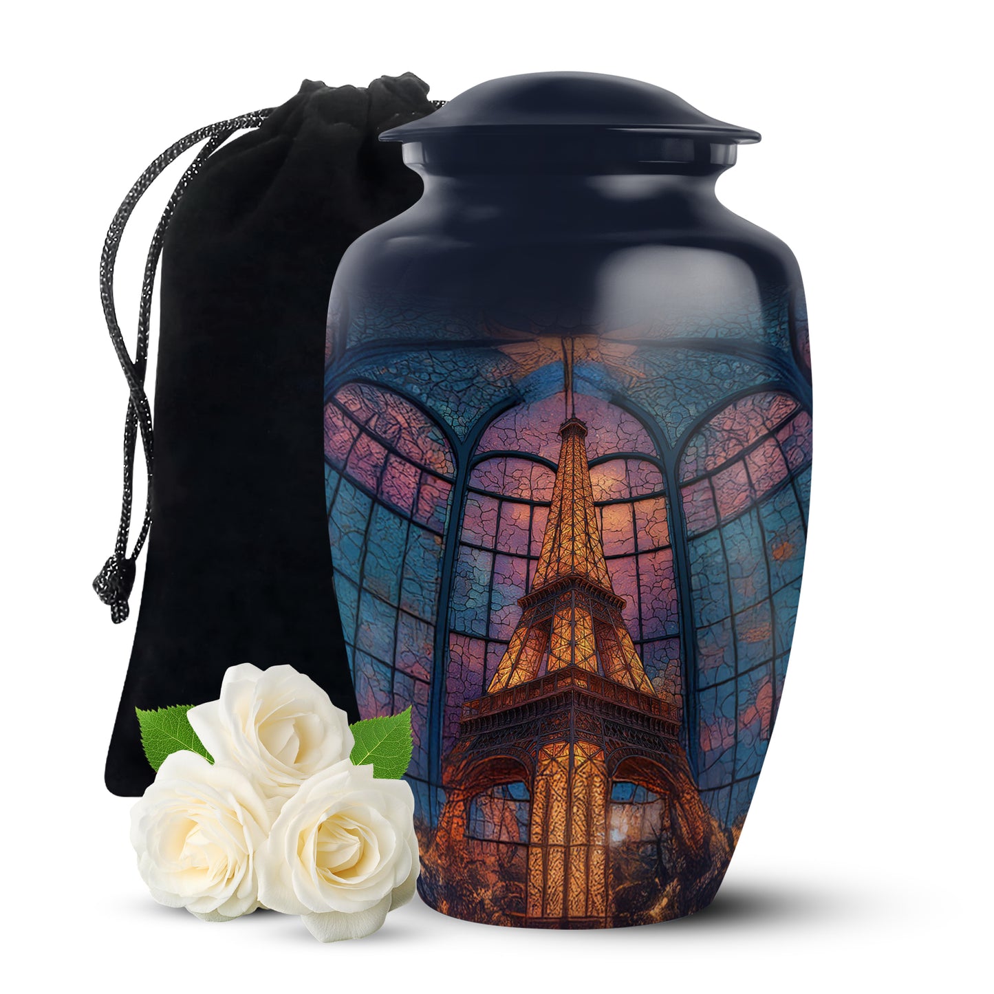 Pastel Blue Eiffel Tower Cremation Urn angled view of lid and engraved motif - classic sculpted eiffel tower pattern on smooth aluminum - full-size 10 inch 200 cubic inch adult cremation urn