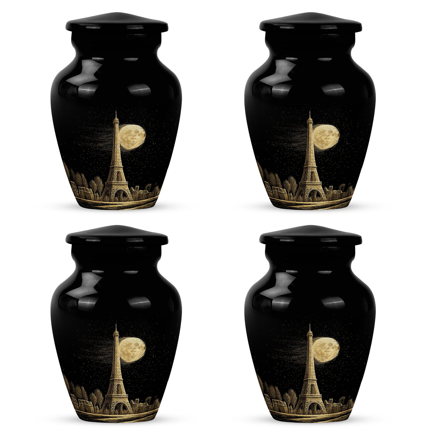 Glossy Black Eiffel Tower Cremation Urn side profile showing urn shape - classic sculpted eiffel tower pattern on smooth aluminum - 10 inch aluminum urn for cremated remains