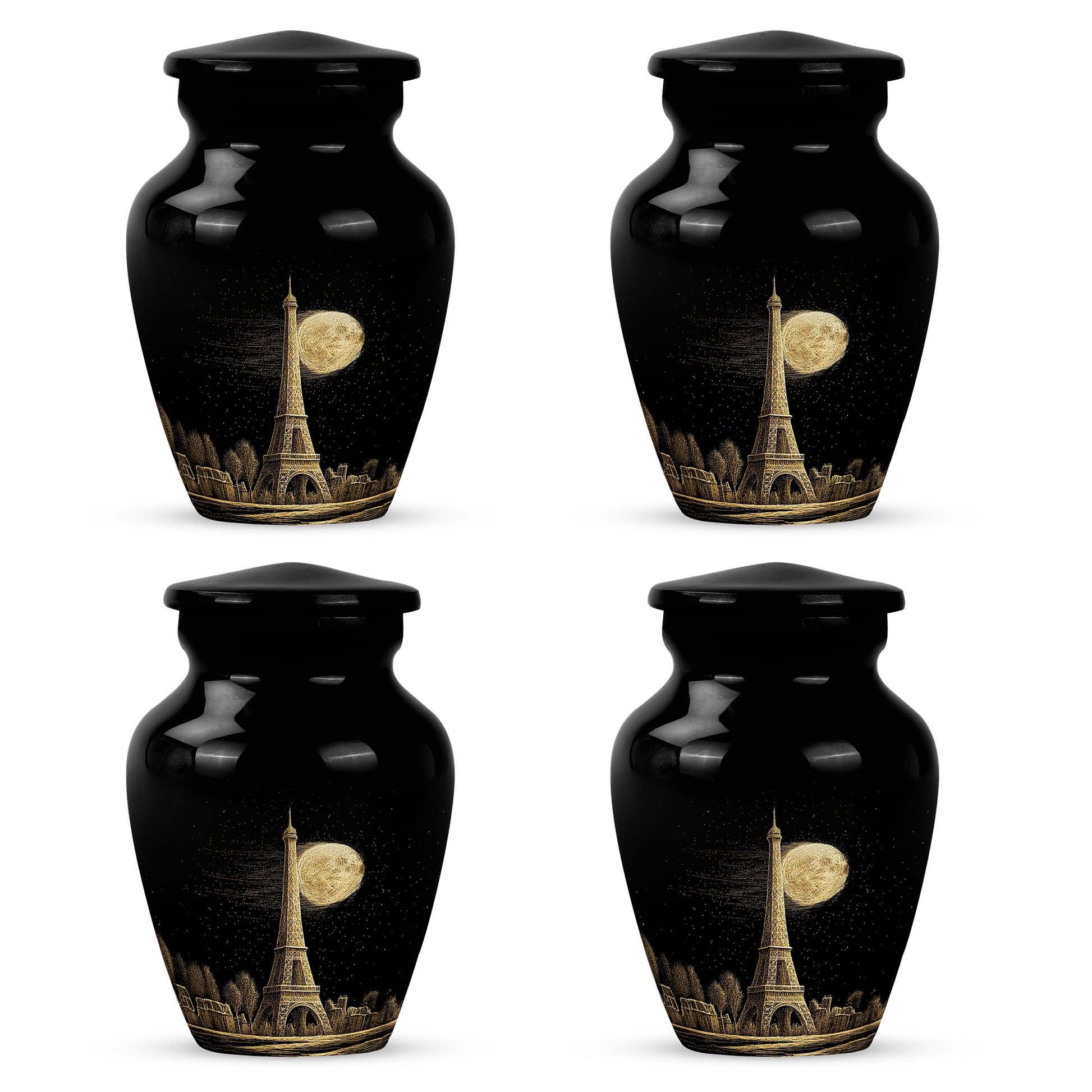 Glossy Black Eiffel Tower Cremation Urn side profile showing urn shape - classic sculpted eiffel tower pattern on smooth aluminum - 10 inch aluminum urn for cremated remains