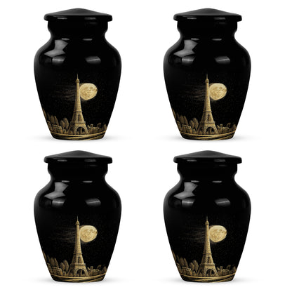 Glossy Black Eiffel Tower Cremation Urn side profile showing urn shape - classic sculpted eiffel tower pattern on smooth aluminum - 10 inch aluminum urn for cremated remains