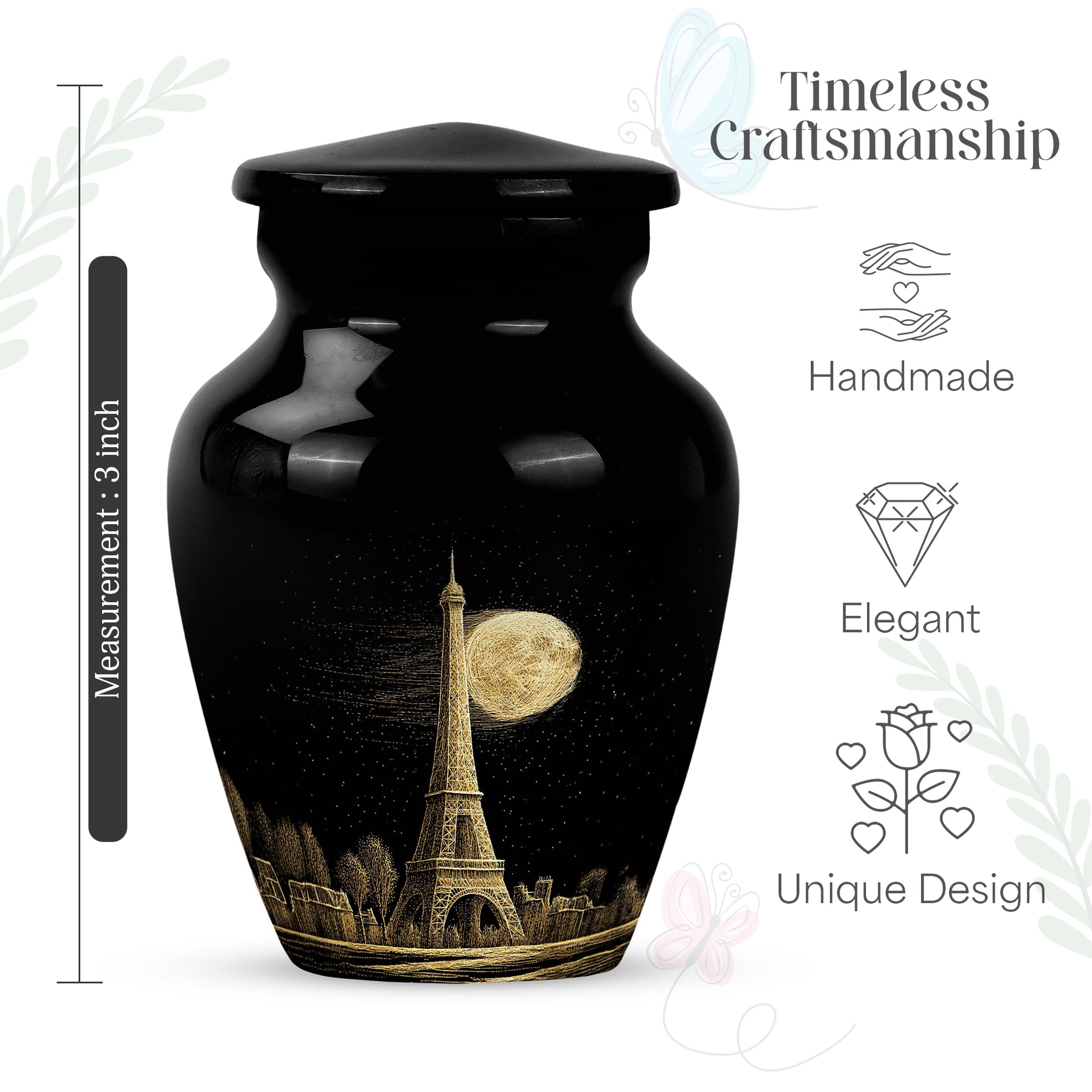 Midnight Black Eiffel Tower Cremation Urn close-up of engraving and surface detail - traditional eiffel tower engraving with hand-polished finish - mini keepsake memorial for portion of cremation ashes