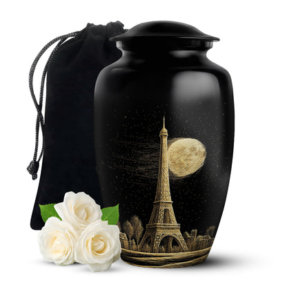 Obsidian Black Eiffel Tower Cremation Urn angled view of lid and engraved motif - elegant classic eiffel tower relief with fine detailing - full-size 10 inch 200 cubic inch adult cremation urn