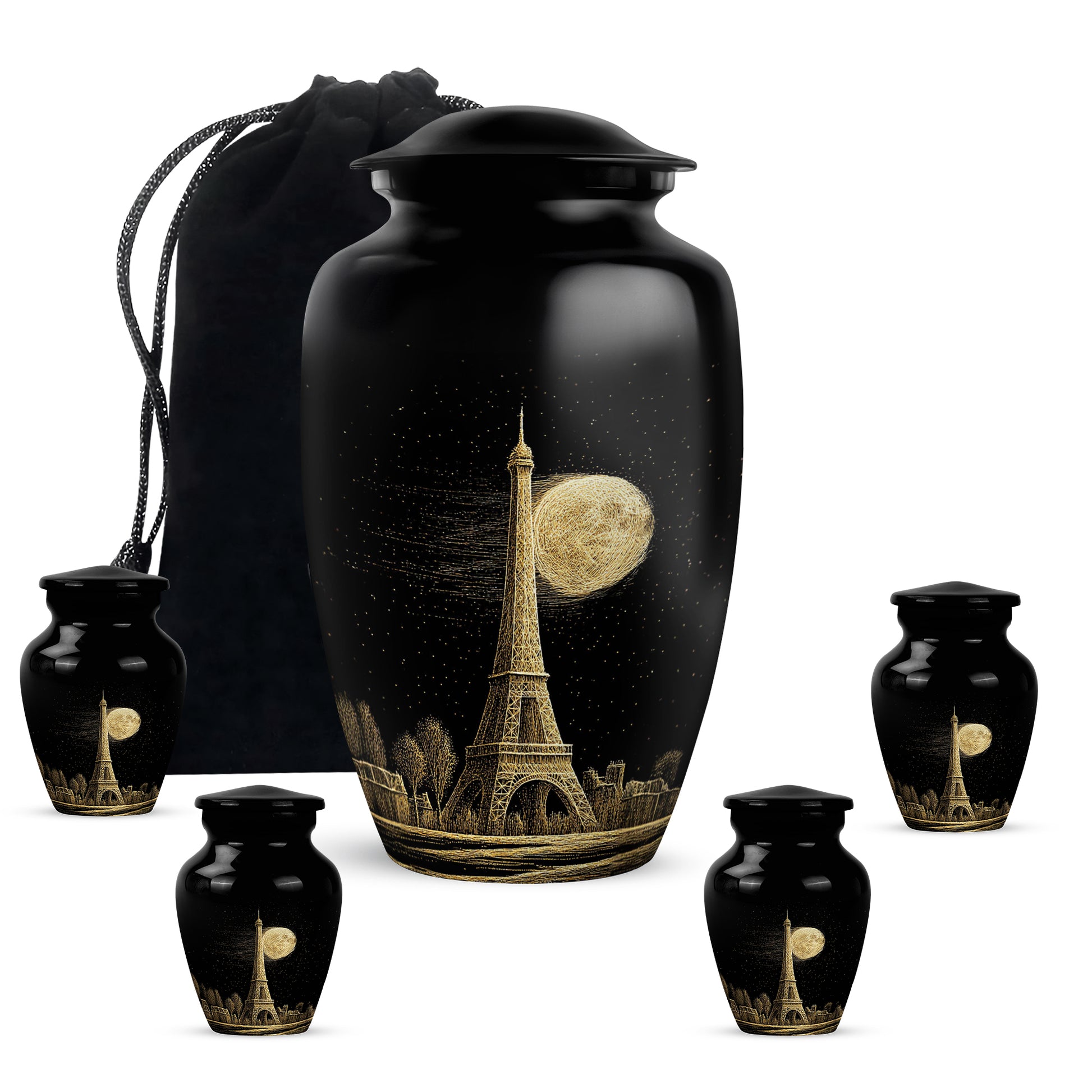 Onyx Black Eiffel Tower Cremation Urn top-down view of secure threaded lid - elegant classic eiffel tower relief with fine detailing - memorial set with one large and four small urns