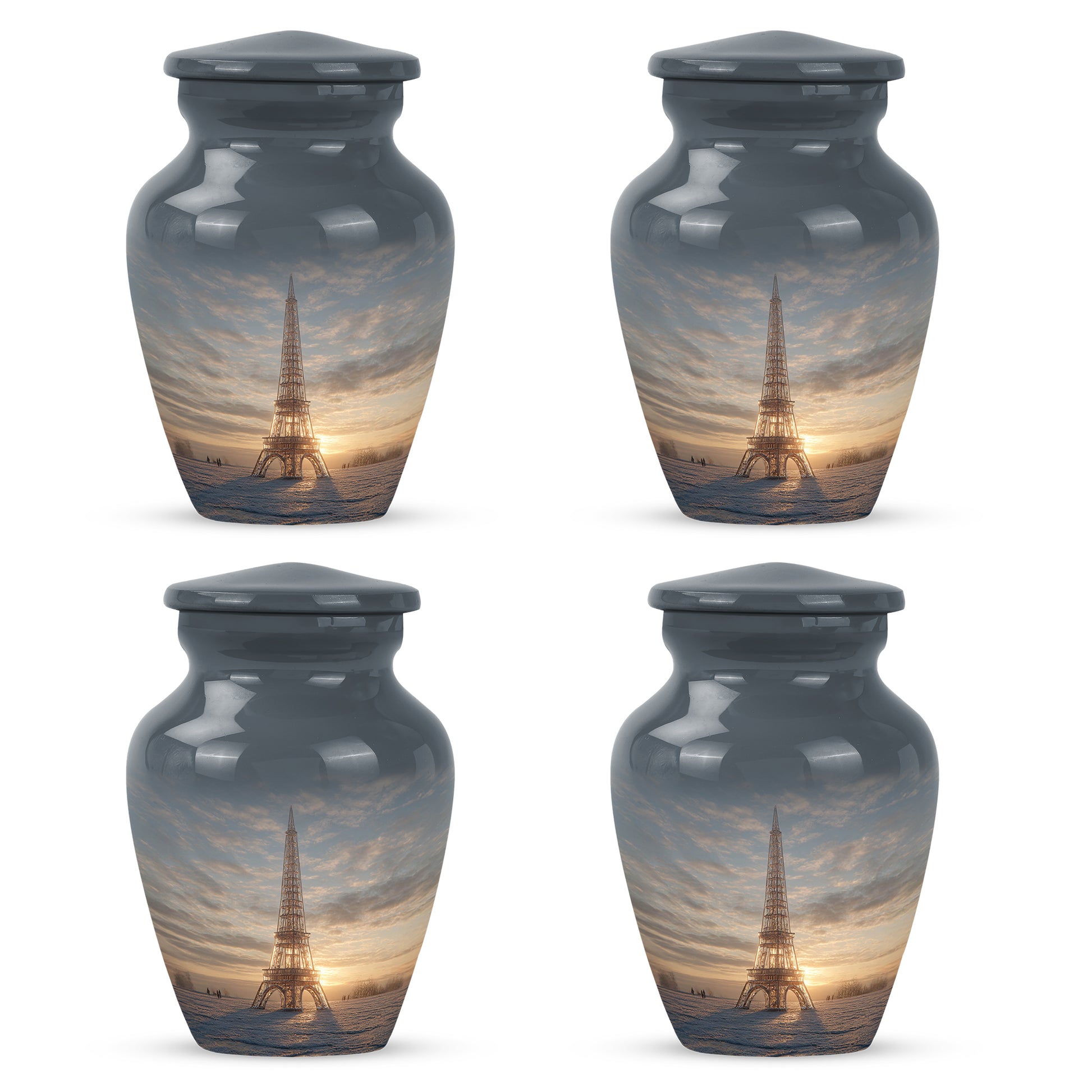 Steel Gray Eiffel Tower Cremation Urn side profile showing urn shape - traditional eiffel tower engraving with hand-polished finish - 10 inch aluminum urn for cremated remains