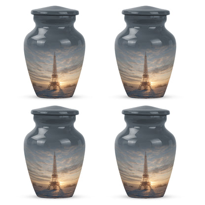 Steel Gray Eiffel Tower Cremation Urn side profile showing urn shape - traditional eiffel tower engraving with hand-polished finish - 10 inch aluminum urn for cremated remains