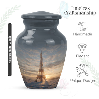 Silver Gray Eiffel Tower Cremation Urn close-up of engraving and surface detail - timeless eiffel tower motif etched into premium metal - mini keepsake memorial for portion of cremation ashes