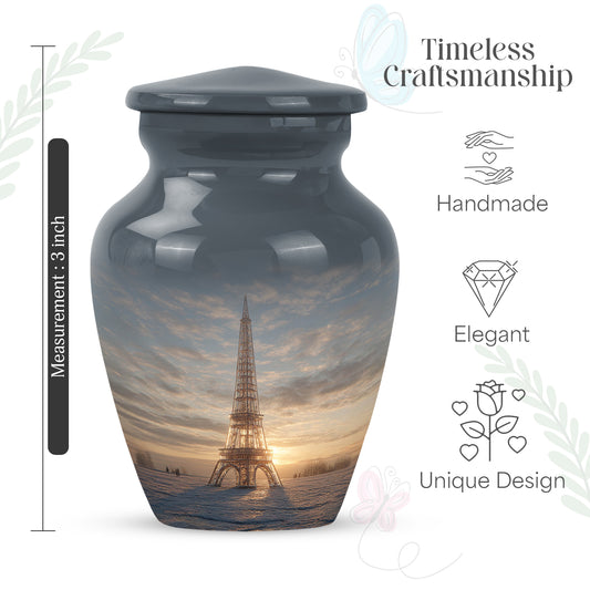 Silver Gray Eiffel Tower Cremation Urn close-up of engraving and surface detail - timeless eiffel tower motif etched into premium metal - mini keepsake memorial for portion of cremation ashes