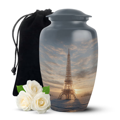 Charcoal Gray Eiffel Tower Cremation Urn angled view of lid and engraved motif - classic sculpted eiffel tower pattern on smooth aluminum - full-size 10 inch 200 cubic inch adult cremation urn