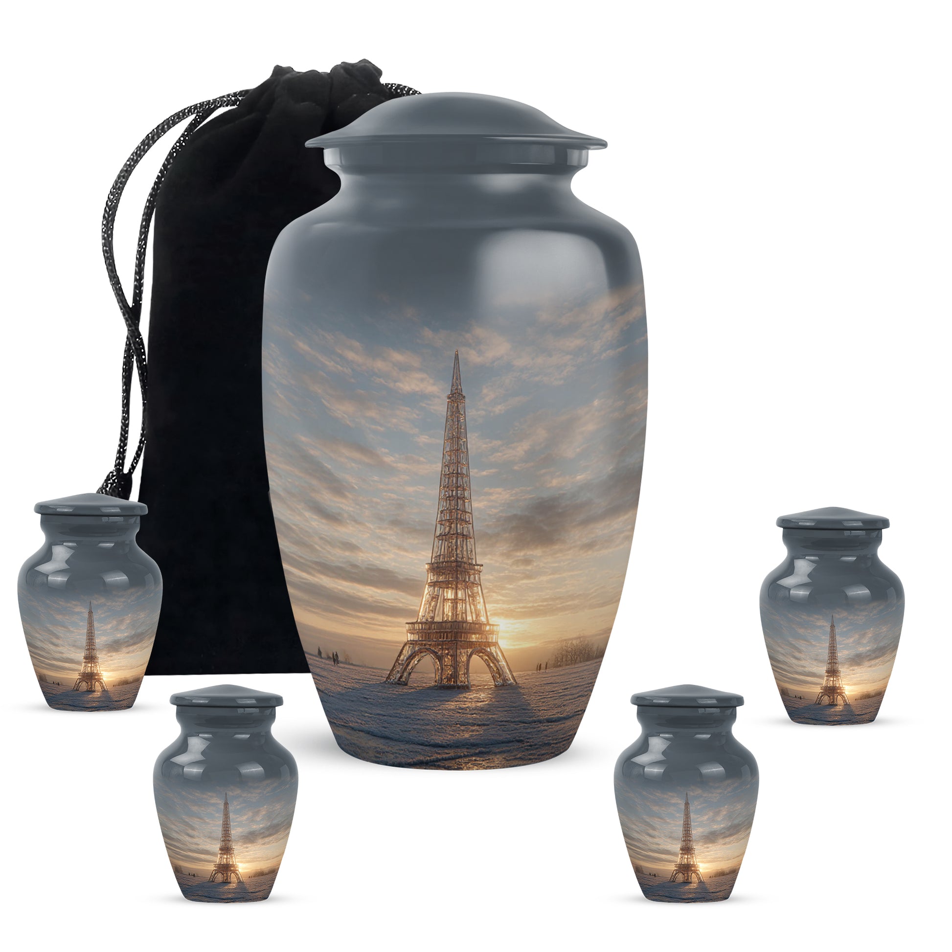 Mist Gray Eiffel Tower Cremation Urn top-down view of secure threaded lid - timeless eiffel tower motif etched into premium metal - memorial set with one large and four small urns