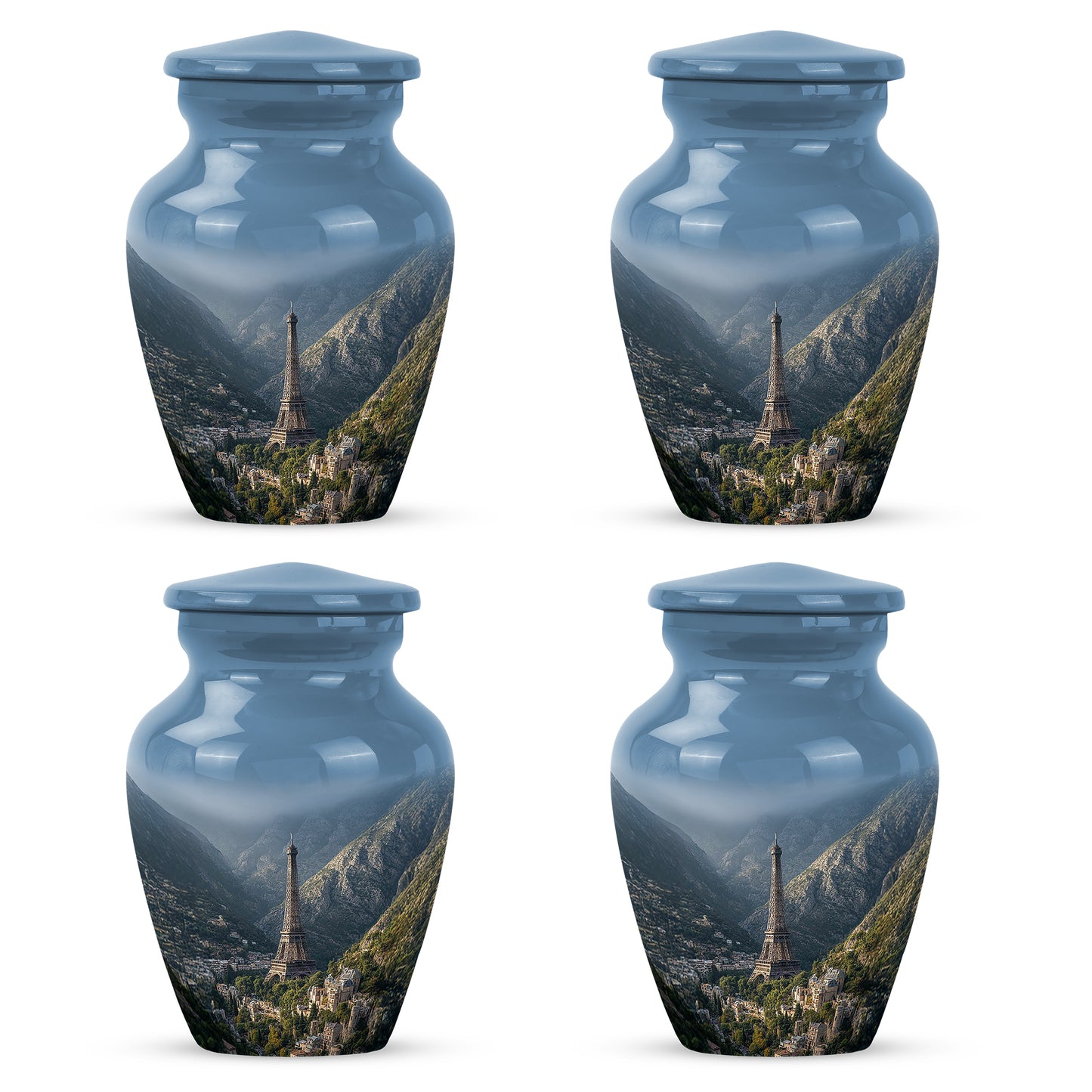Dusty Blue Eiffel Tower Cremation Urn side profile showing urn shape - timeless eiffel tower motif etched into premium metal - 10 inch aluminum urn for cremated remains