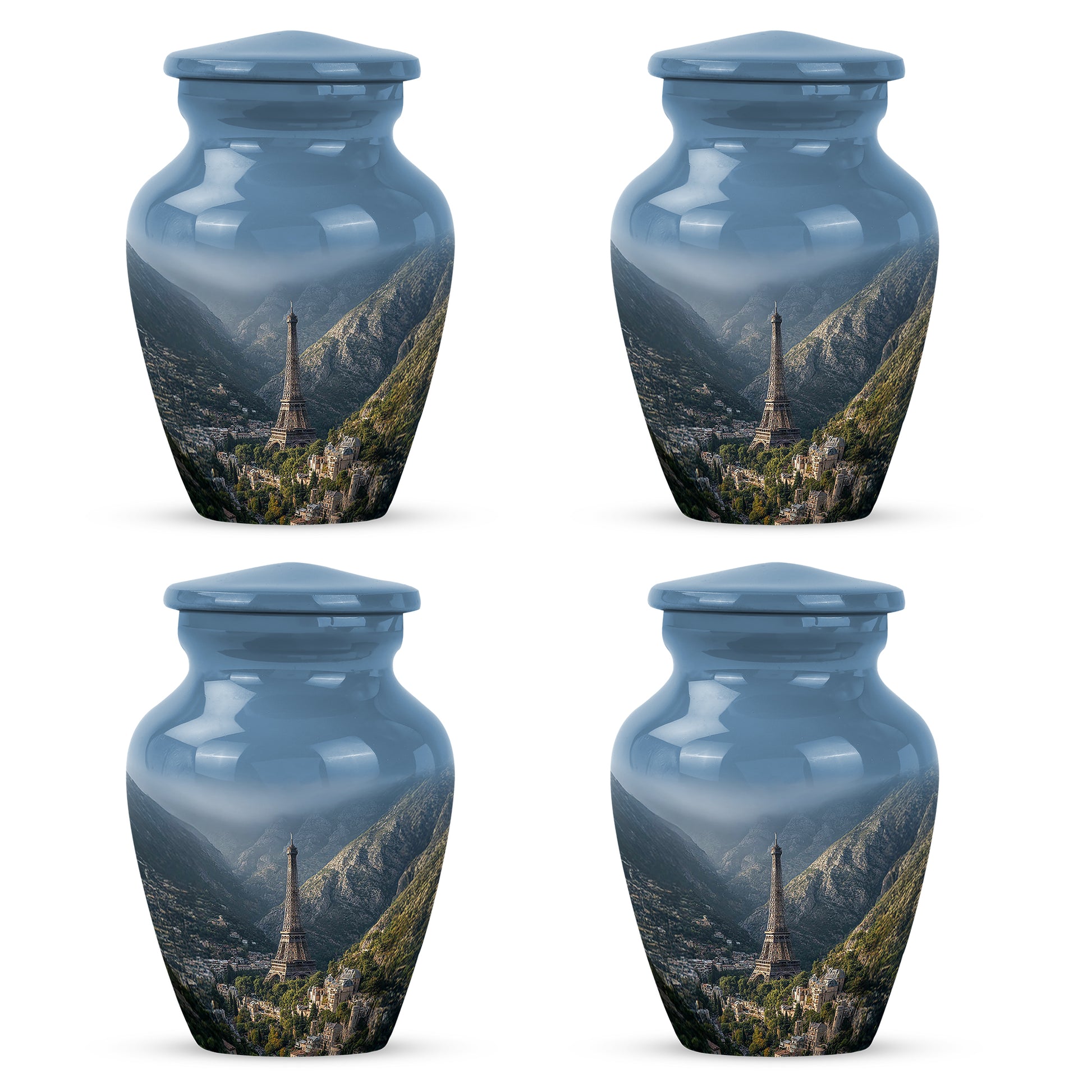 Dusty Blue Eiffel Tower Cremation Urn side profile showing urn shape - timeless eiffel tower motif etched into premium metal - 10 inch aluminum urn for cremated remains
