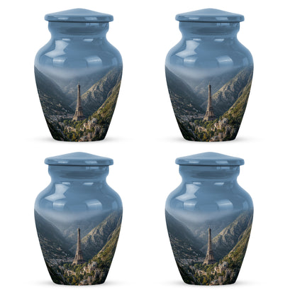 Dusty Blue Eiffel Tower Cremation Urn side profile showing urn shape - timeless eiffel tower motif etched into premium metal - 10 inch aluminum urn for cremated remains