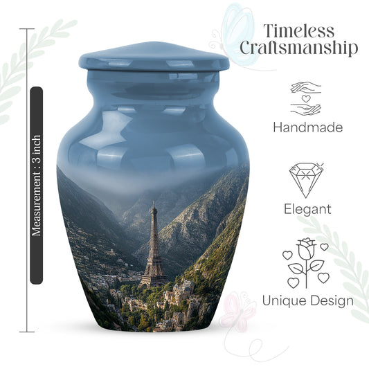 Bright Blue Eiffel Tower Cremation Urn close-up of engraving and surface detail - elegant classic eiffel tower relief with fine detailing - mini keepsake memorial for portion of cremation ashes