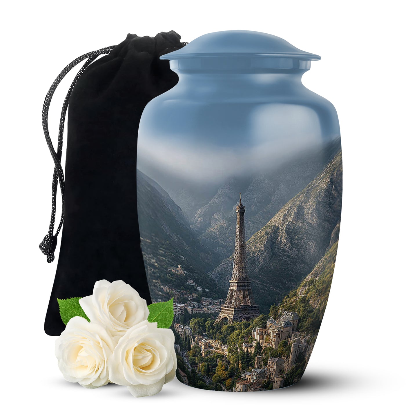 Icy Blue Eiffel Tower Cremation Urn angled view of lid and engraved motif - timeless eiffel tower motif etched into premium metal - full-size 10 inch 200 cubic inch adult cremation urn
