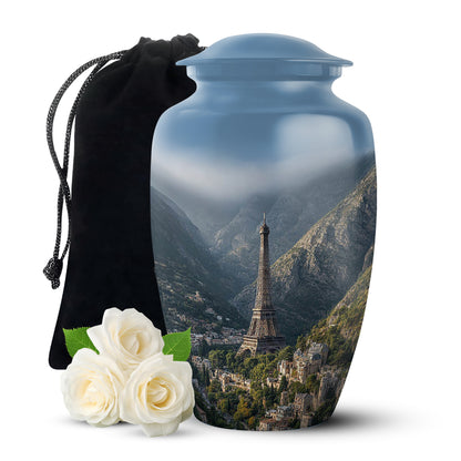 Icy Blue Eiffel Tower Cremation Urn angled view of lid and engraved motif - timeless eiffel tower motif etched into premium metal - full-size 10 inch 200 cubic inch adult cremation urn
