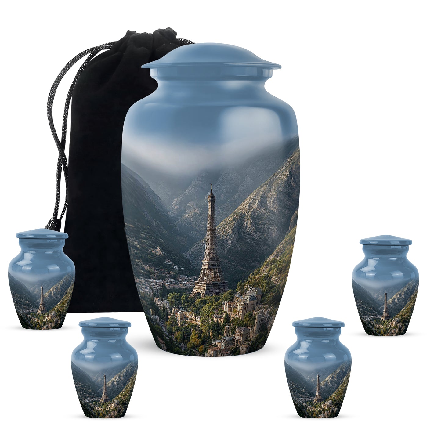 Icy Blue Eiffel Tower Cremation Urn top-down view of secure threaded lid - classic sculpted eiffel tower pattern on smooth aluminum - memorial set with one large and four small urns