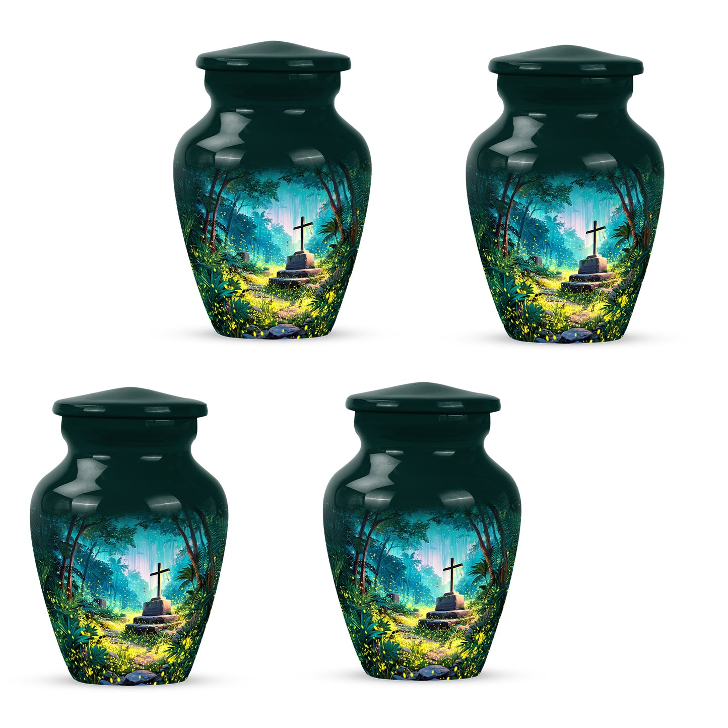 Jewel Teal Cross Cremation Urn side profile showing urn shape - classic sculpted cross pattern on smooth aluminum - 10 inch aluminum urn for cremated remains