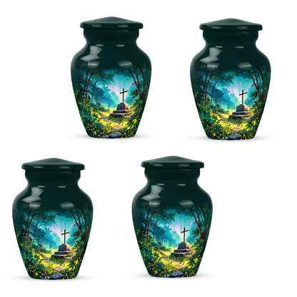 Jewel Teal Cross Cremation Urn side profile showing urn shape - classic sculpted cross pattern on smooth aluminum - 10 inch aluminum urn for cremated remains