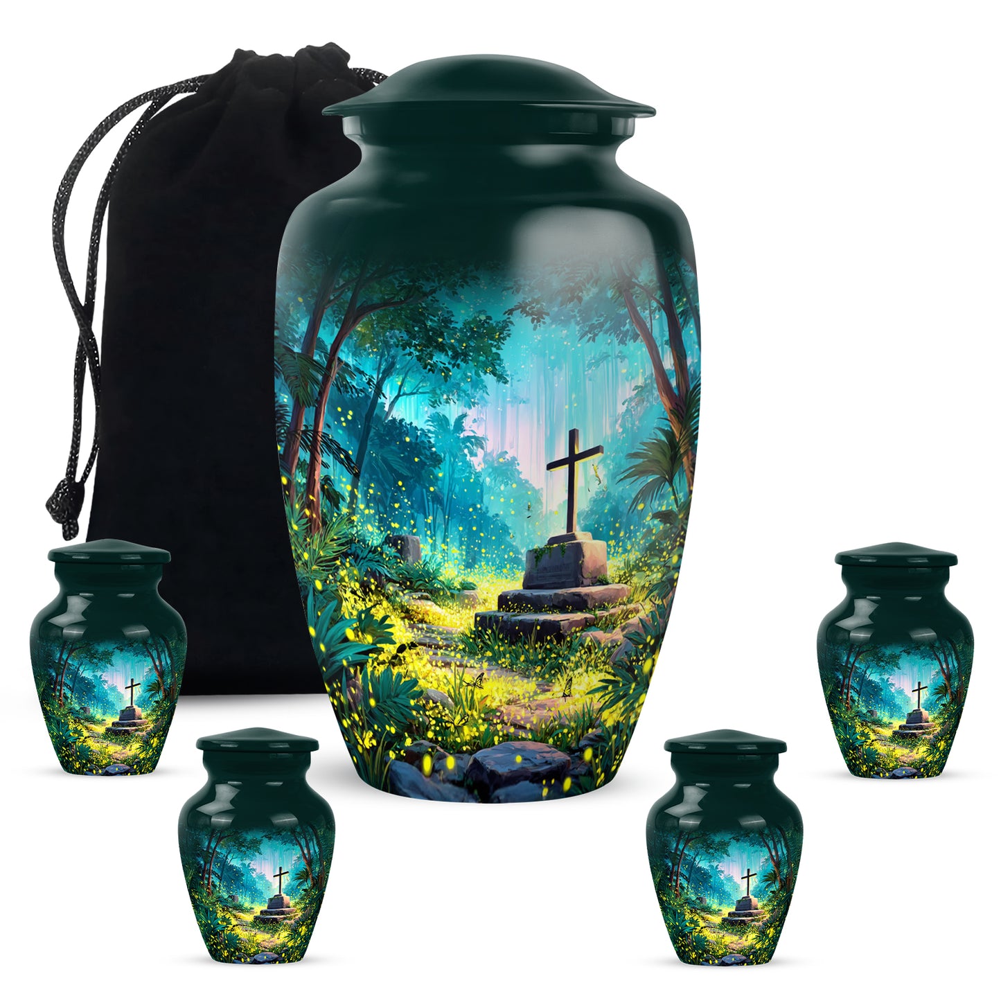 Jewel Teal Cross Cremation Urn top-down view of secure threaded lid - classic sculpted cross pattern on smooth aluminum - memorial set with one large and four small urns