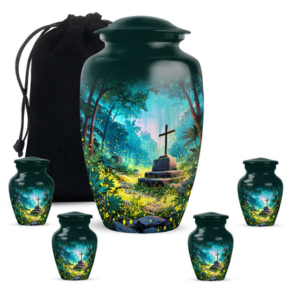 Jewel Teal Cross Cremation Urn top-down view of secure threaded lid - classic sculpted cross pattern on smooth aluminum - memorial set with one large and four small urns