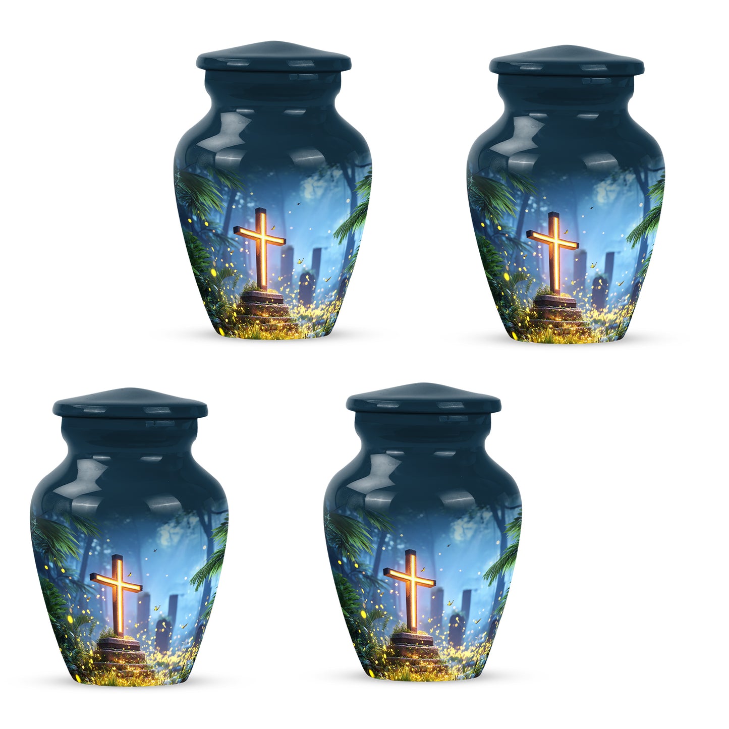 Bright Blue Cross Cremation Urn side profile showing urn shape - elegant classic cross relief with fine detailing - 10 inch aluminum urn for cremated remains