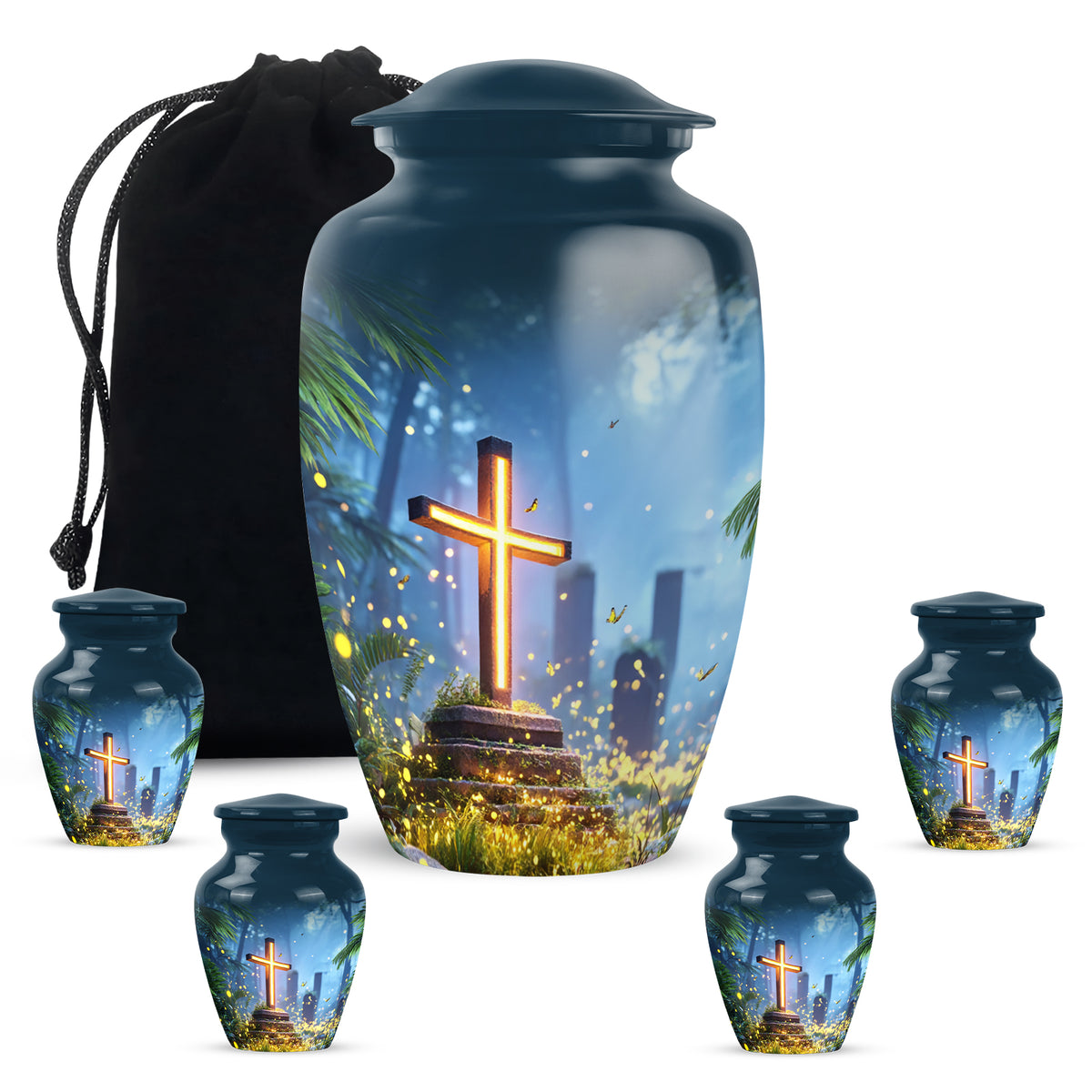 Azure Cross Cremation Urn top-down view of secure threaded lid - classic sculpted cross pattern on smooth aluminum - memorial set with one large and four small urns