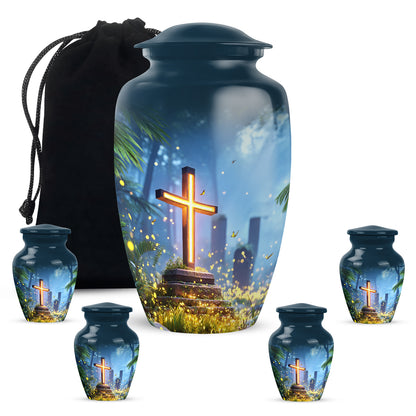 Azure Cross Cremation Urn top-down view of secure threaded lid - classic sculpted cross pattern on smooth aluminum - memorial set with one large and four small urns