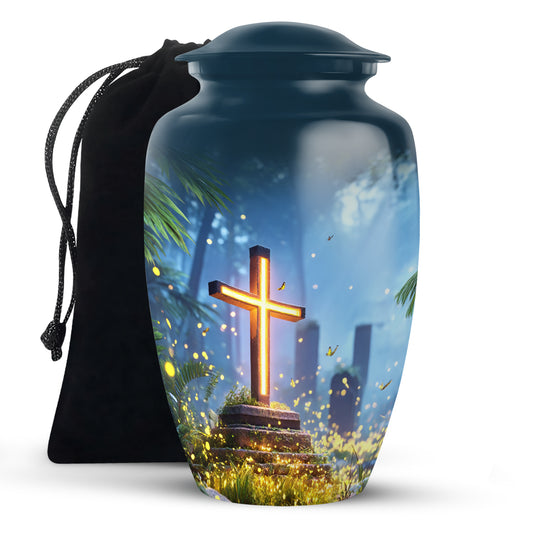 Pastel Blue Cross Cremation Urn angled view of lid and engraved motif - timeless cross motif etched into premium metal - full-size 10 inch 200 cubic inch adult cremation urn