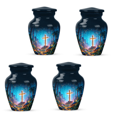 Dusty Blue Cross Cremation Urn side profile showing urn shape - classic sculpted cross pattern on smooth aluminum - 10 inch aluminum urn for cremated remains
