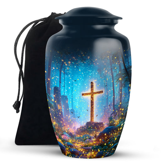 Bright Blue Cross Cremation Urn angled view of lid and engraved motif - traditional cross engraving with hand-polished finish - full-size 10 inch 200 cubic inch adult cremation urn