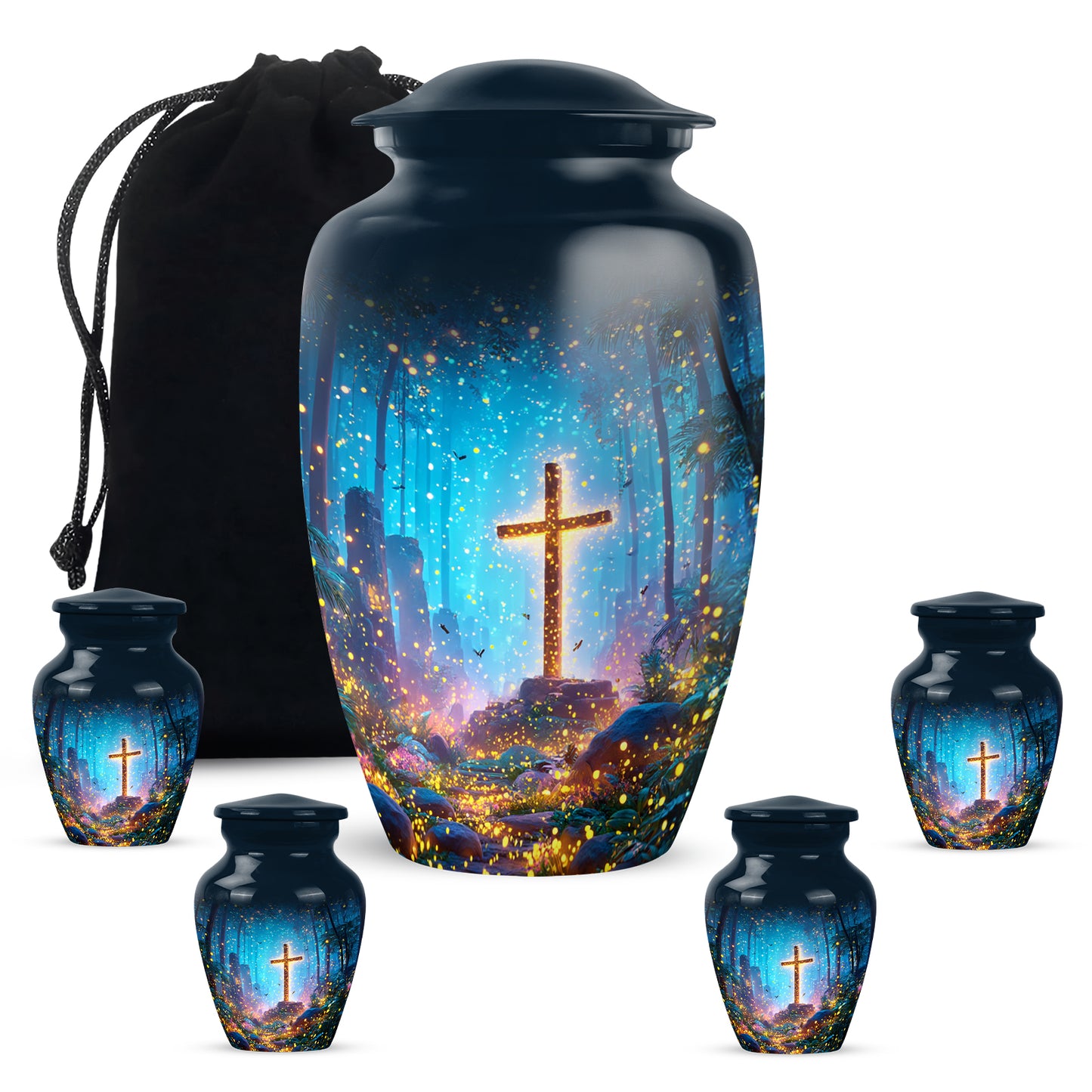 Misty Blue Cross Cremation Urn top-down view of secure threaded lid - timeless cross motif etched into premium metal - memorial set with one large and four small urns