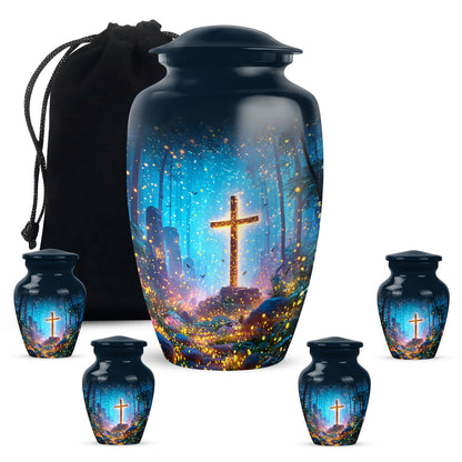 Misty Blue Cross Cremation Urn top-down view of secure threaded lid - timeless cross motif etched into premium metal - memorial set with one large and four small urns