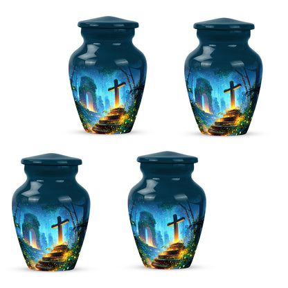Dusty Blue Cross Cremation Urn side profile showing urn shape - classic sculpted cross pattern on smooth aluminum - 10 inch aluminum urn for cremated remains