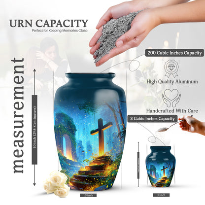 Cobalt Blue Cross Cremation Urn close-up of engraving and surface detail - traditional cross engraving with hand-polished finish - mini keepsake memorial for portion of cremation ashes
