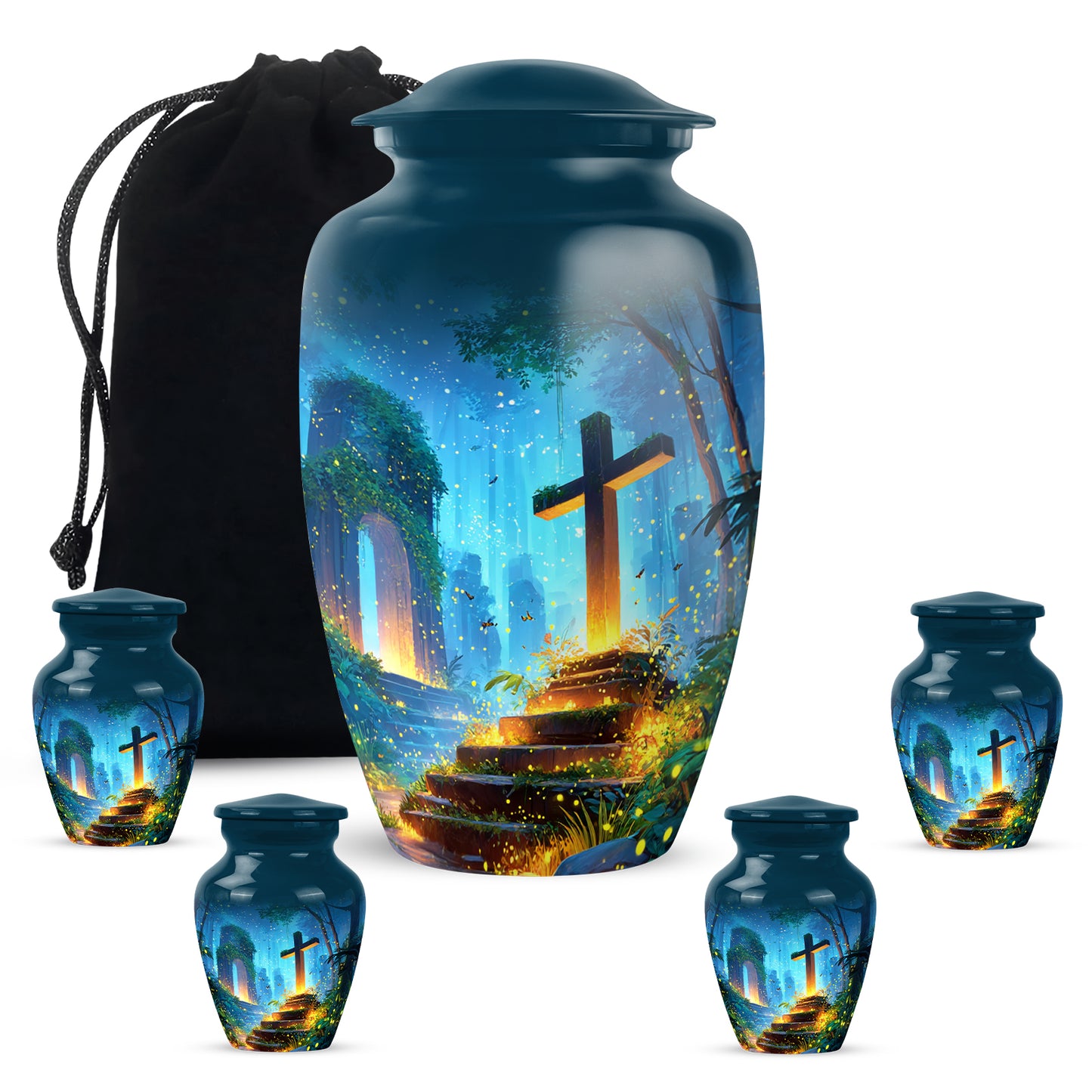 Royal Blue Cross Cremation Urn top-down view of secure threaded lid - traditional cross engraving with hand-polished finish - memorial set with one large and four small urns