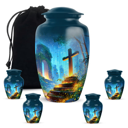 Royal Blue Cross Cremation Urn top-down view of secure threaded lid - traditional cross engraving with hand-polished finish - memorial set with one large and four small urns