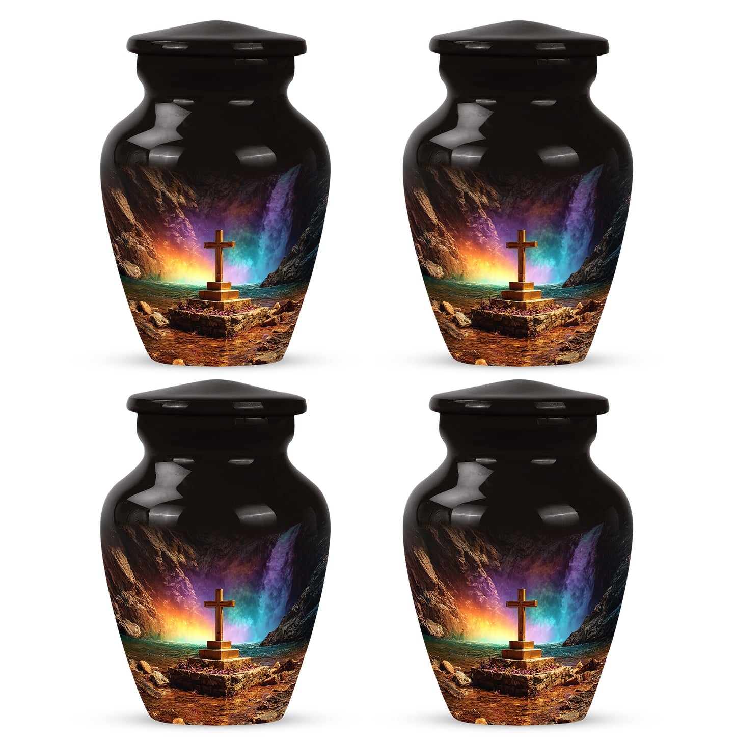 Ebony Cross Cremation Urn side profile showing urn shape - classic sculpted cross pattern on smooth aluminum - 10 inch aluminum urn for cremated remains