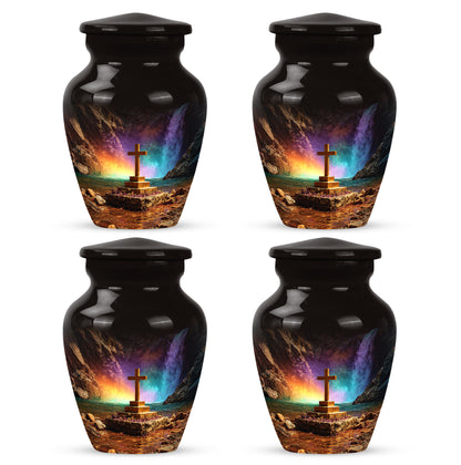 Ebony Cross Cremation Urn side profile showing urn shape - classic sculpted cross pattern on smooth aluminum - 10 inch aluminum urn for cremated remains