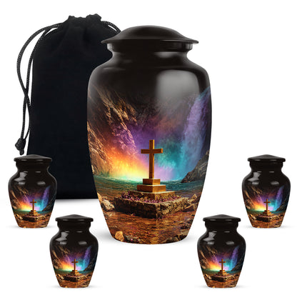 Midnight Black Cross Cremation Urn top-down view of secure threaded lid - traditional cross engraving with hand-polished finish - memorial set with one large and four small urns