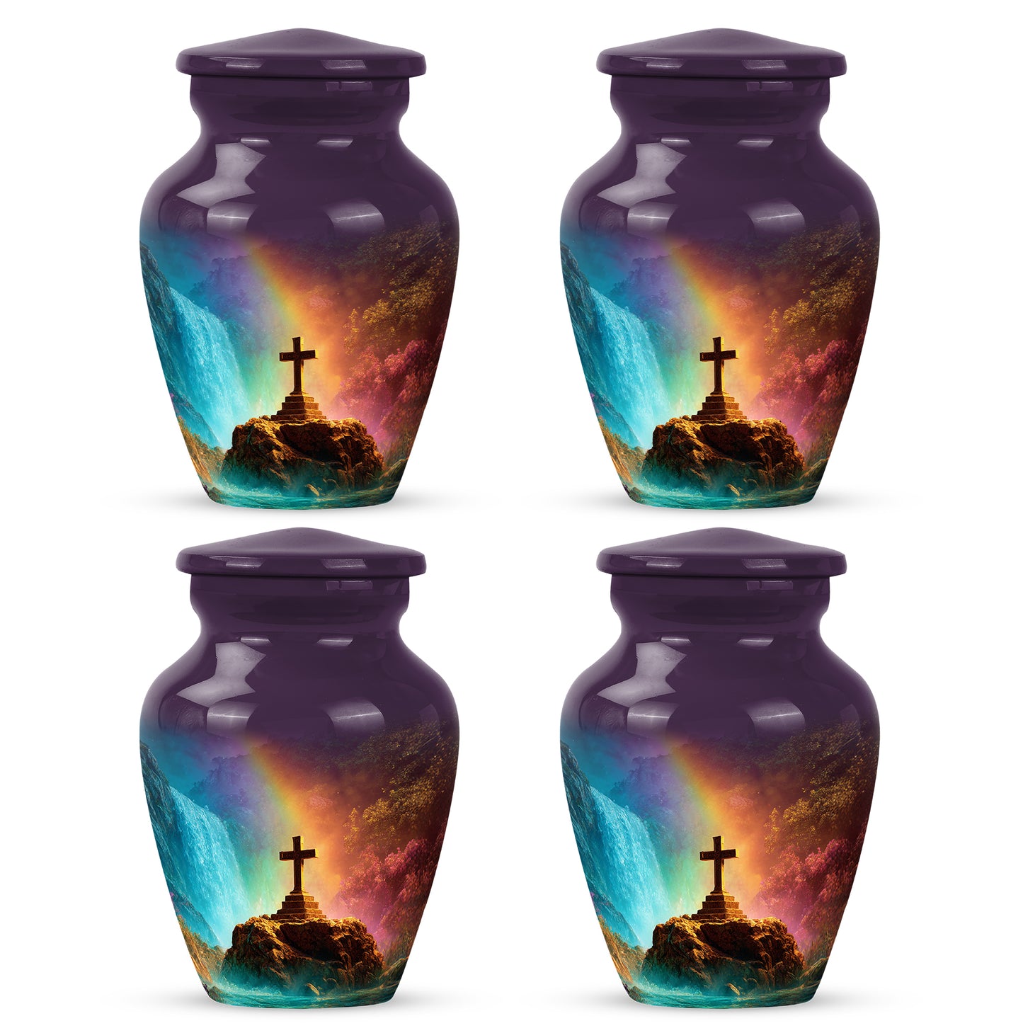 Twilight Purple Cross Cremation Urn side profile showing urn shape - traditional cross engraving with hand-polished finish - 10 inch aluminum urn for cremated remains