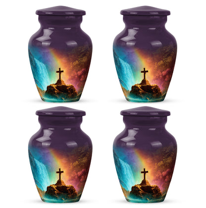 Twilight Purple Cross Cremation Urn side profile showing urn shape - traditional cross engraving with hand-polished finish - 10 inch aluminum urn for cremated remains