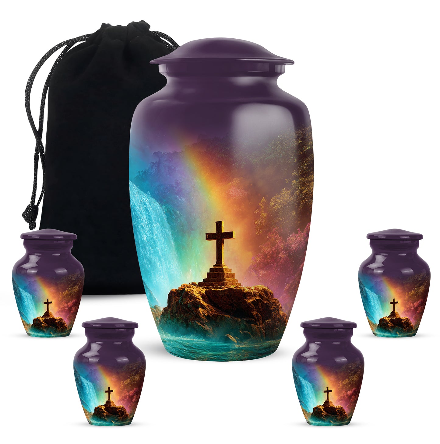 Violet Purple Cross Cremation Urn top-down view of secure threaded lid - elegant classic cross relief with fine detailing - memorial set with one large and four small urns