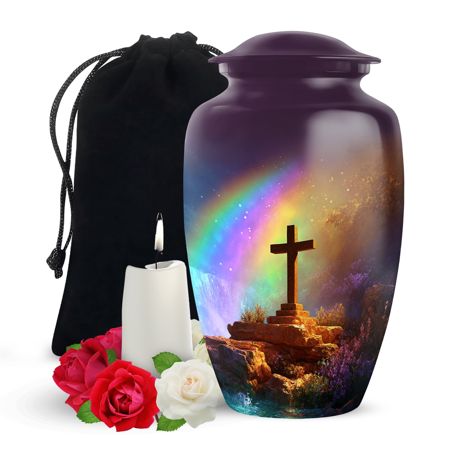 Petal Pink Cross Cremation Urn angled view of lid and engraved motif - elegant classic cross relief with fine detailing - full-size 10 inch 200 cubic inch adult cremation urn
